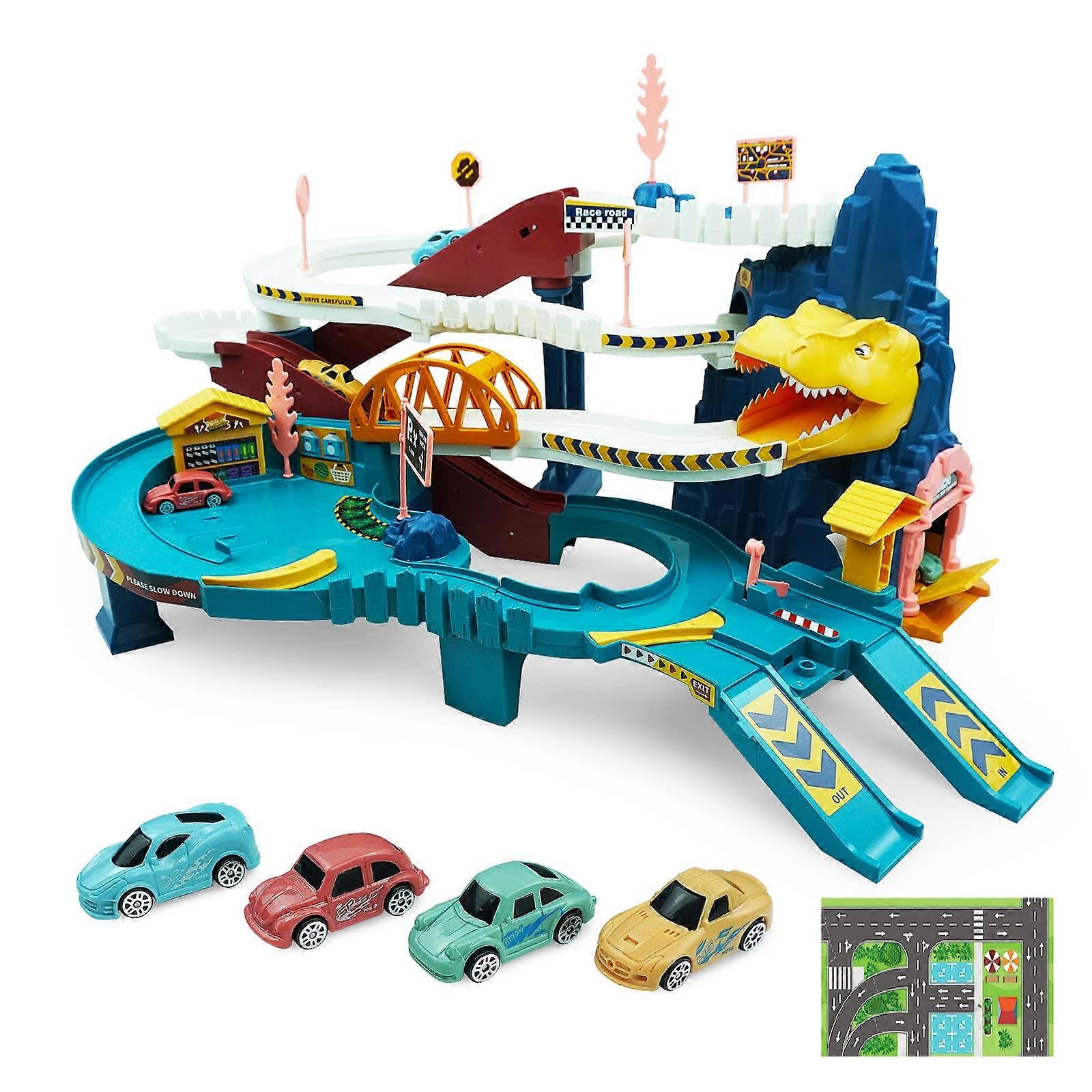Dino Adventure Toys with Flexible Track and 4 Mini Cars Race for 3 4 5 6 Year Olds