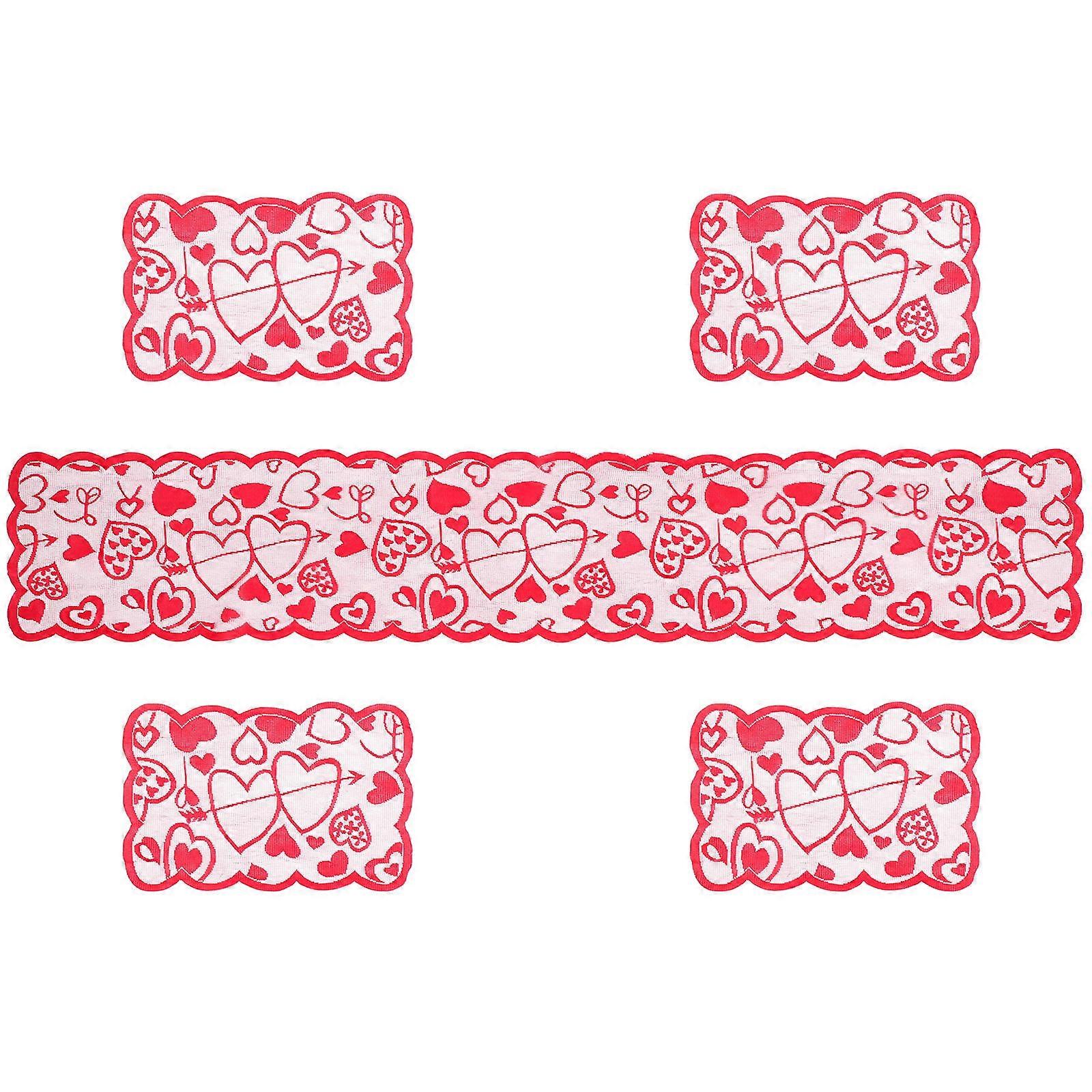 Valentines Day Tablecloth Heart Shaped Pattern Decoration Red Polyester Lace 1 Set