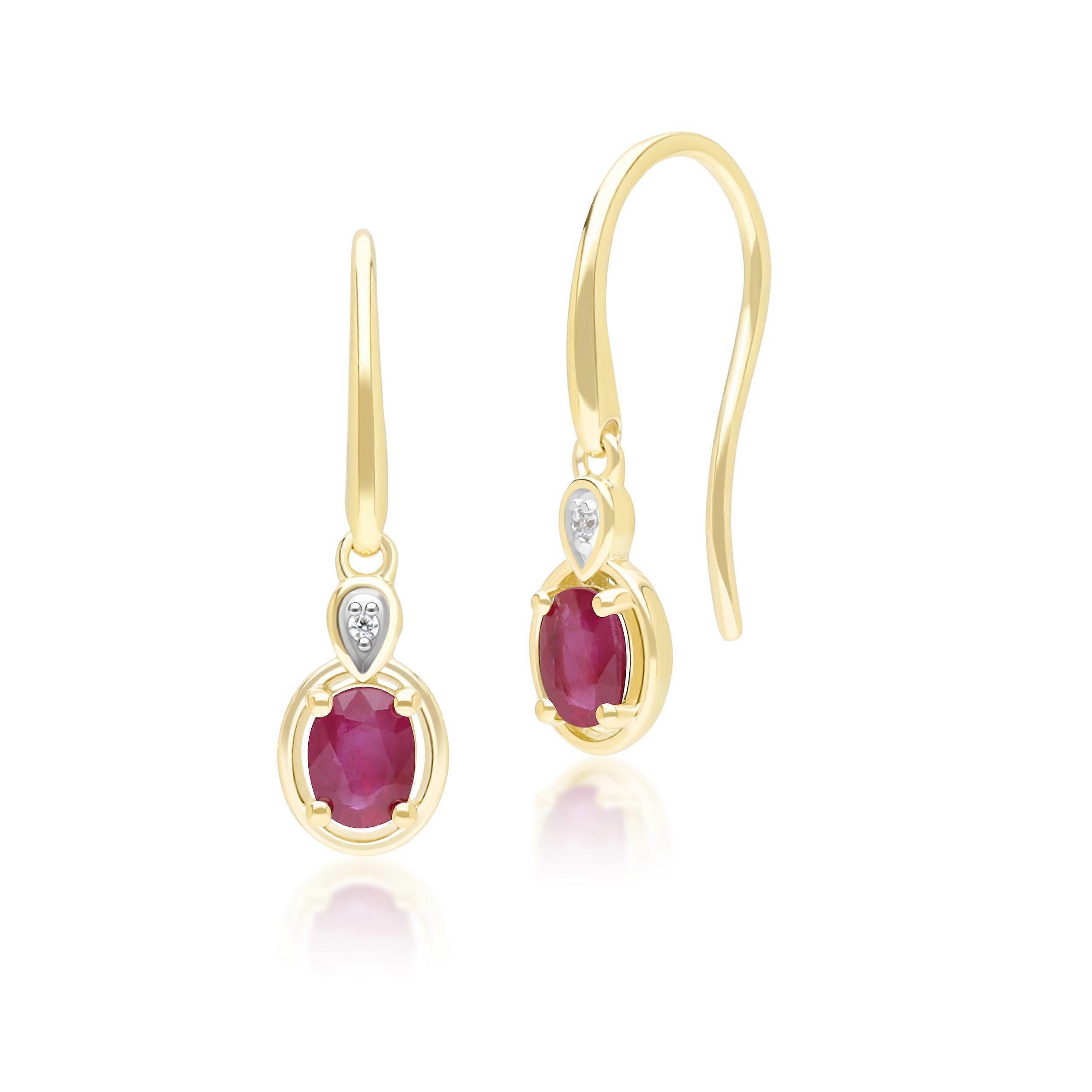 Classic Oval Ruby & Round Diamond Drop Earrings In 9ct Yellow Gold