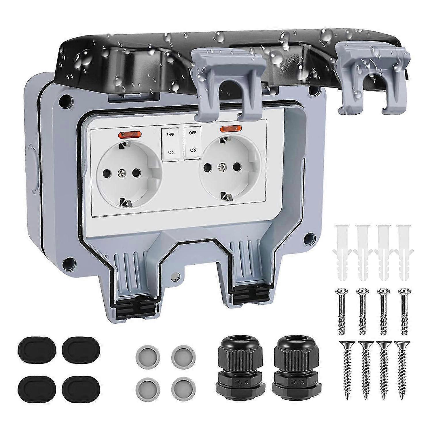 Outdoor Socket Weatherproof Outdoor Wall Socket Garden Socket Surface-Mounted Protective with Hinged Edition 0704