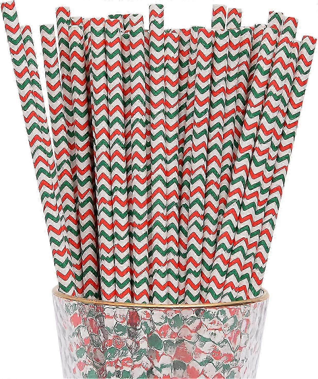 Pack of 100 Disposable Paper Straws with Wave Stripes in Red and Green Suitable for Various Occasions