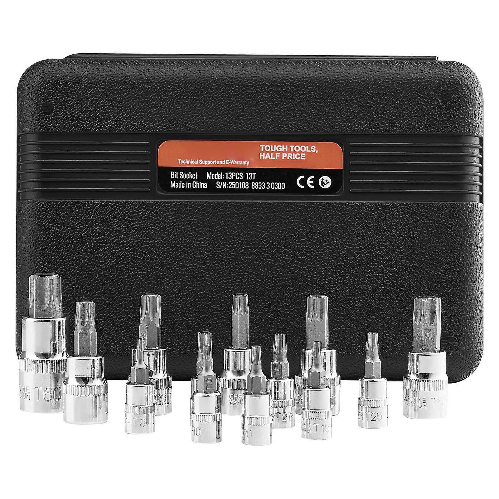 Torx Bit Socket Set, 13-Piece Star T8 - T60 Set, S2 Alloy Steel and Cr-V Steel, 1/4 in, 3/8 in, and 1/2 in Drives
