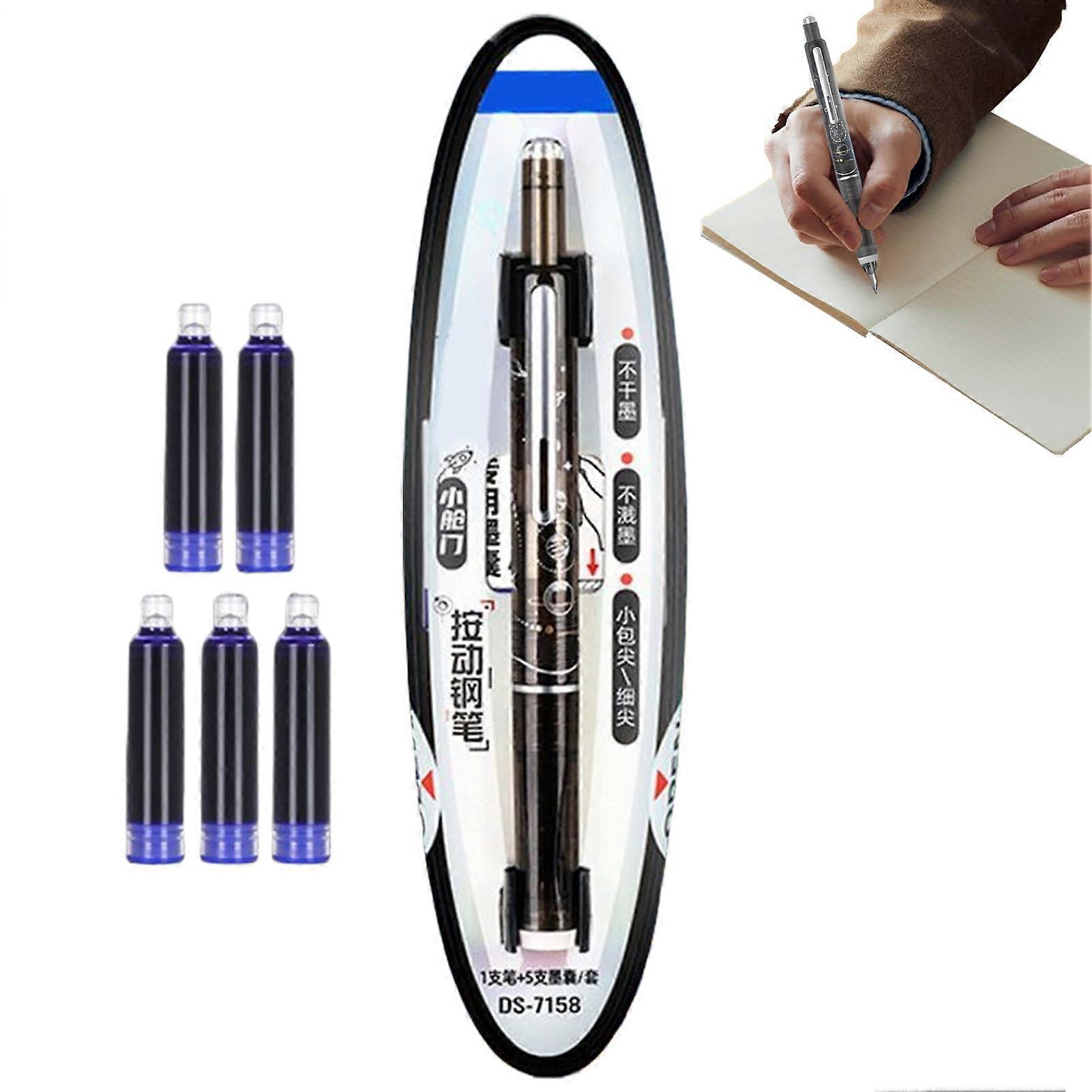 Fountain Pen, Leakproof 0.38 mm Medium Nib Retractable with 5 Ink Cartridges, Black