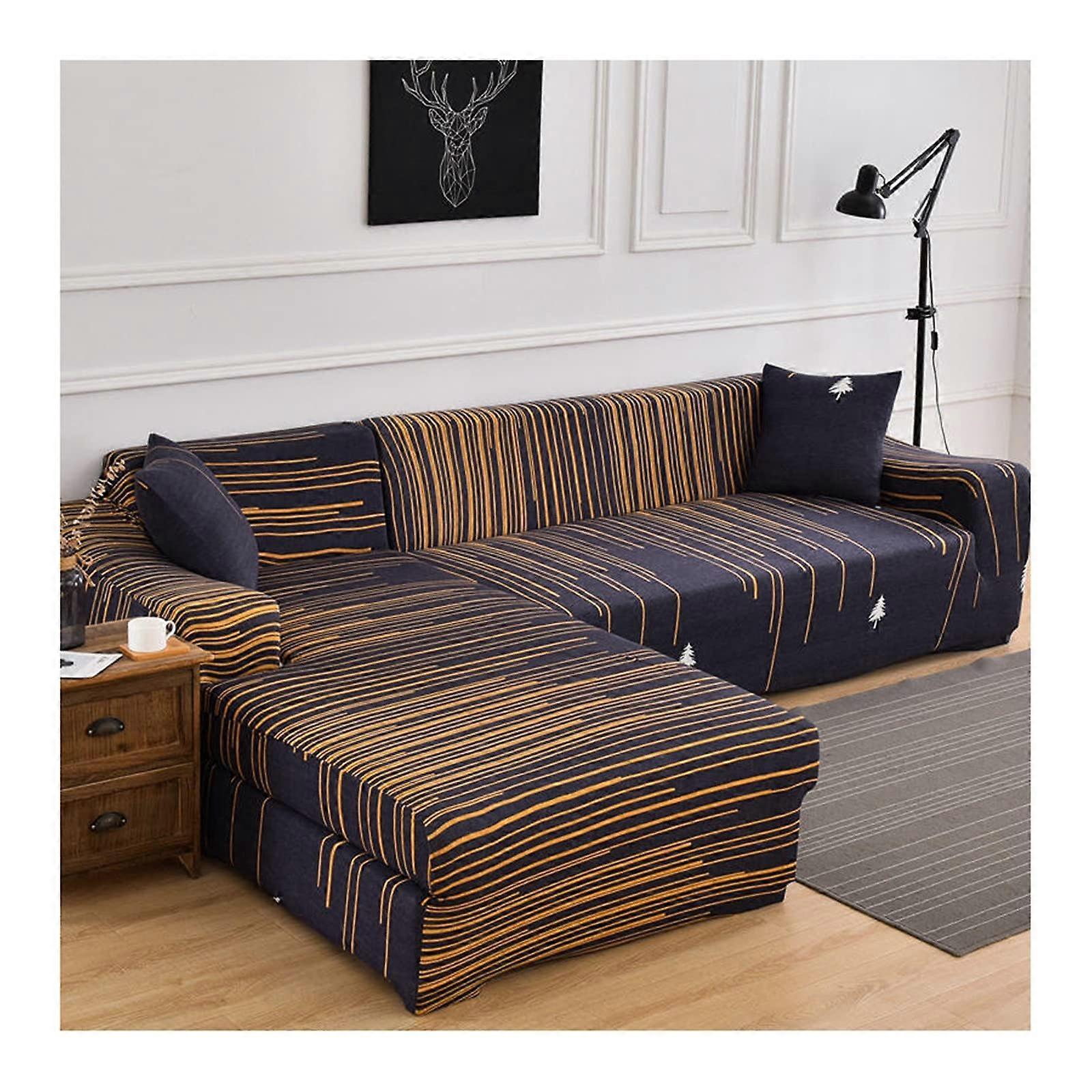 Stretchable Sofa Cover without Armrests, OnePiece Couch Protector, Navy Yellow Striped Design, Polyester Fabric for 1 Seat, Easy to Install and Clean