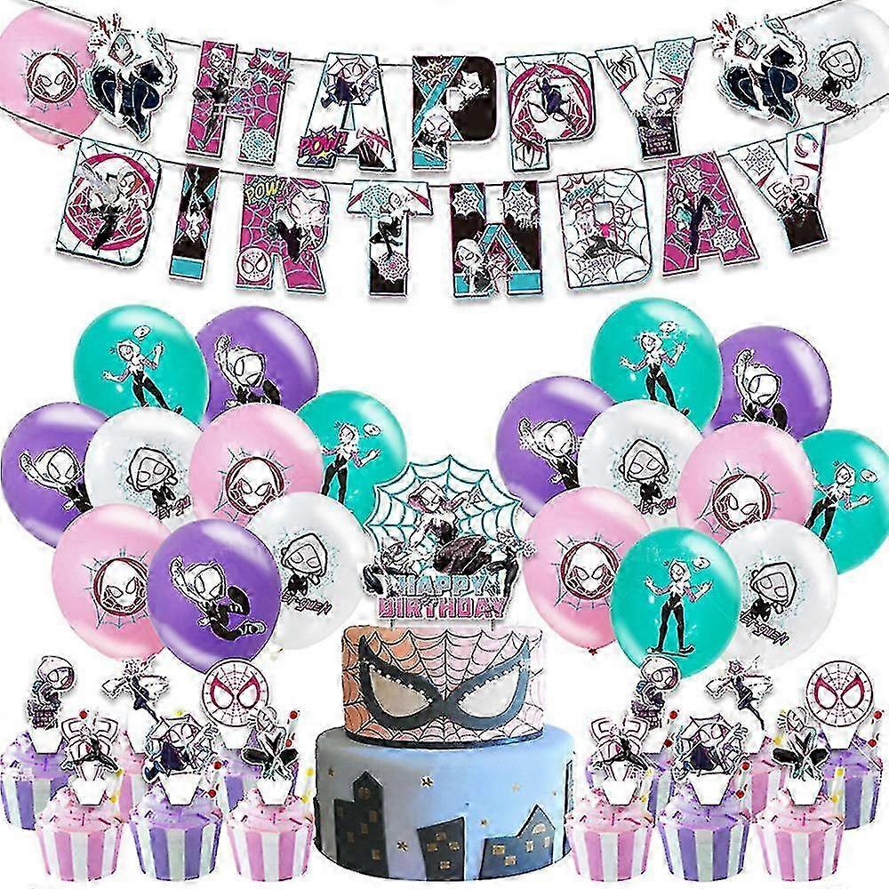 2025 Spider Gwen Theme Birthday Party Supplies Decorations Cake Topper Cupcake Toppers Latex Balloons Banner Set