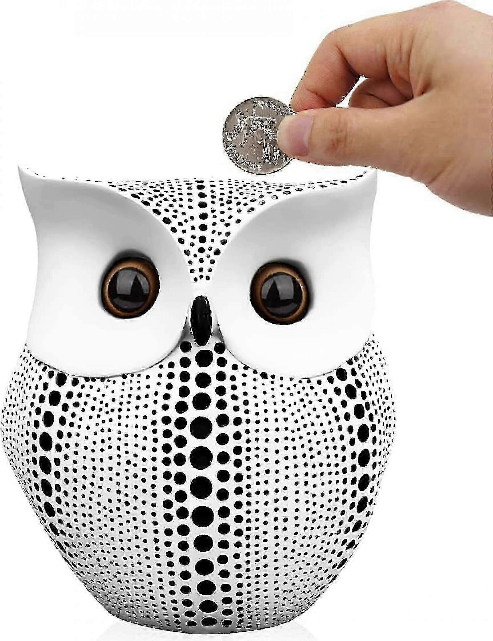 Plastic piggy bank in owl shape, polka dot Bohemian style, suitable for all ages