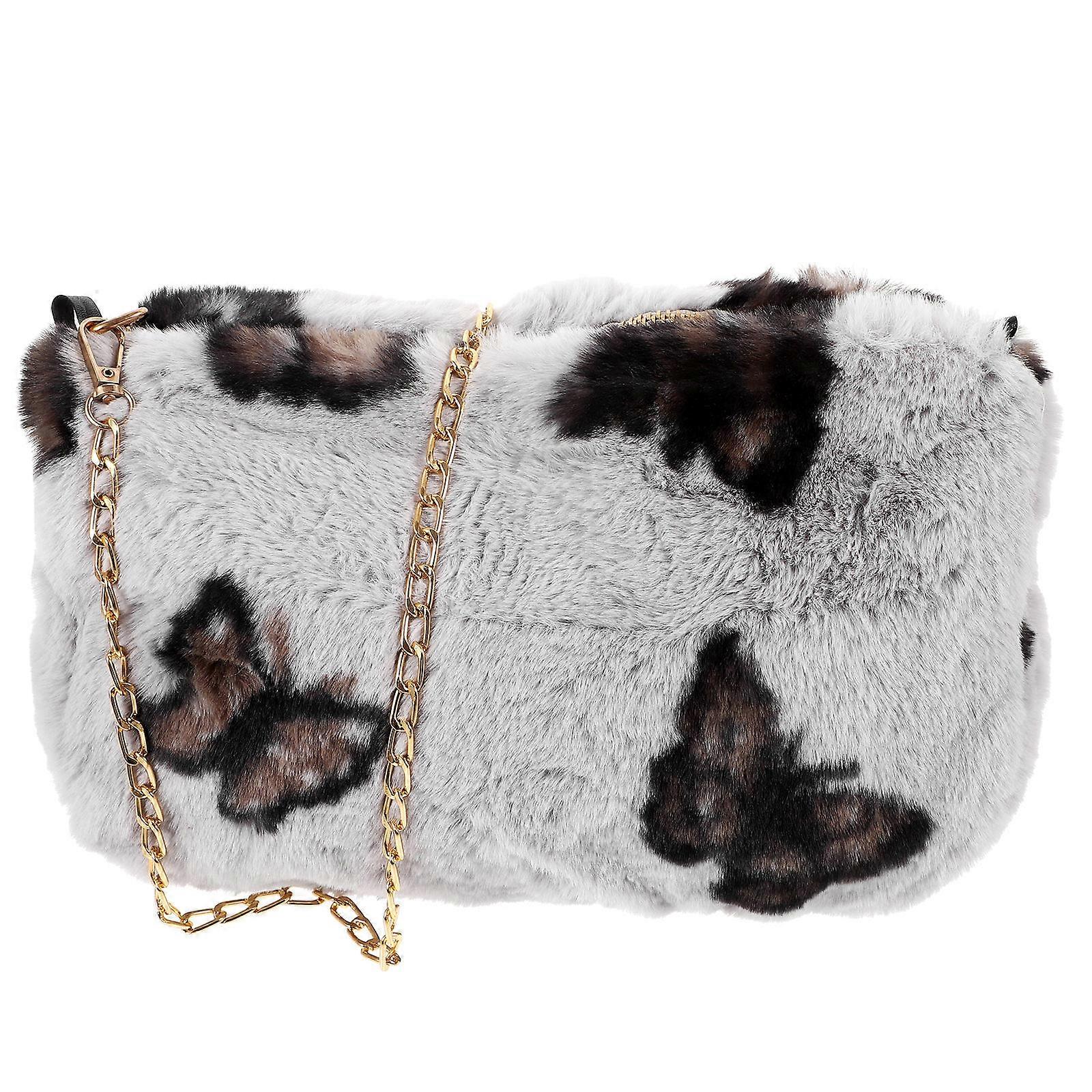 Plush Crossbody Bag for Women – Stylish Chain Design, Functional Small Shoulder Bag with Grey Butterfly Pattern for Winter Outings