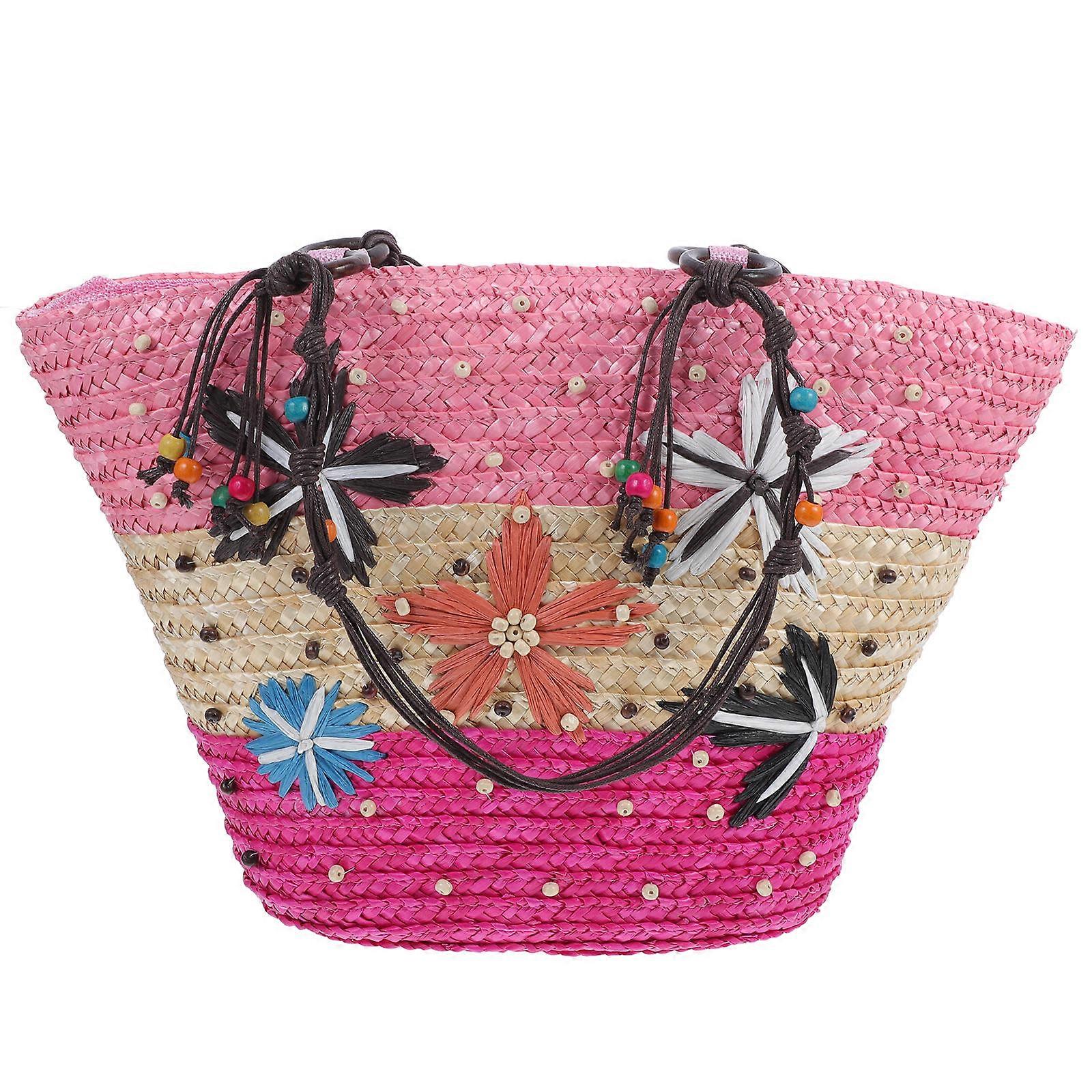 Pink Large Capacity Woven Beach Bag for Home with Shoulder Strap and Synthesis Material 14324216