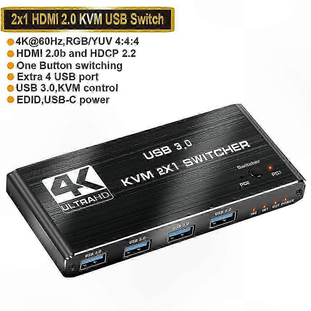 4K HDMI KVM Switch 2 Port Dual Monitor USB 2-in-2-Out for Computer Sharing
