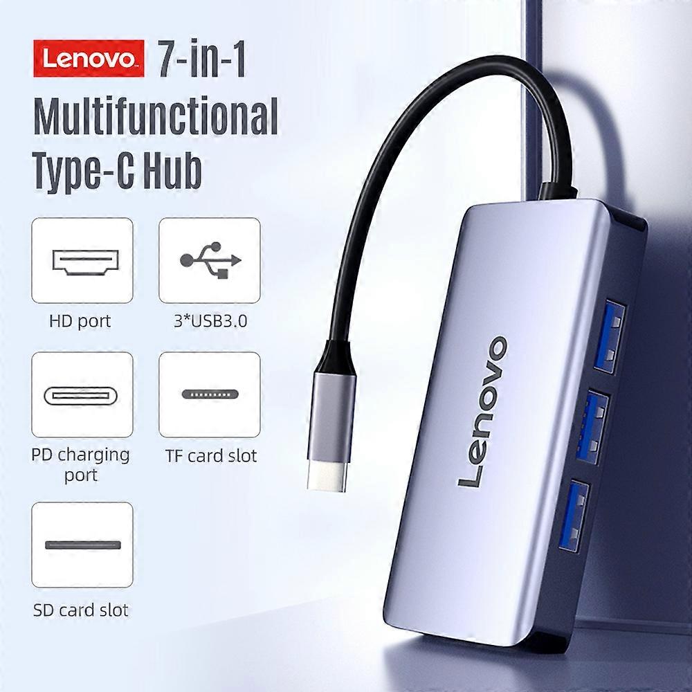 Lenovo LX0806G Type-C Hub 7-in-1 Type-C Converter Aluminum Alloy Shell HD+PD Charging Port+3*USB3.0+SD&TF Card Slots
