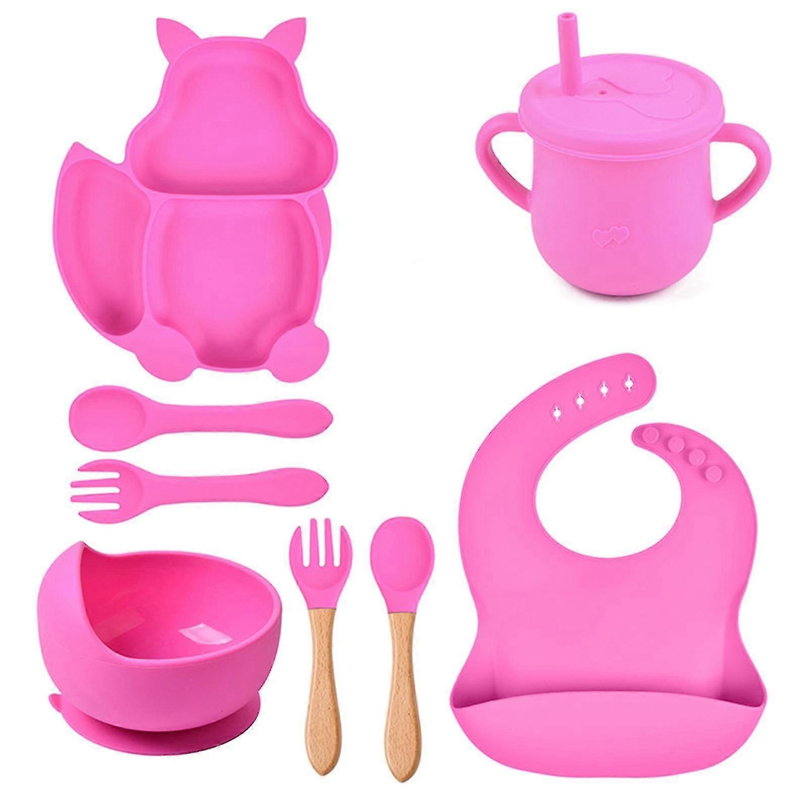Children's tableware, 8-piece set, three-compartment design, strong suction silicone and wood