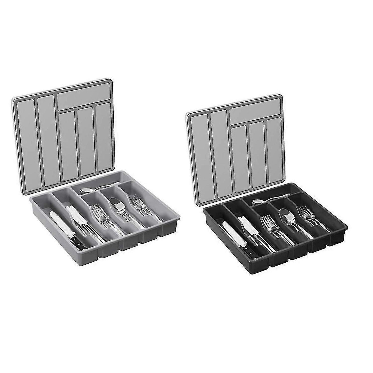 Silverware Organizer with Lid, Covered Utensil Tray for Kitchen Drawer and Countertop, Plastic Cutlery and Flatware