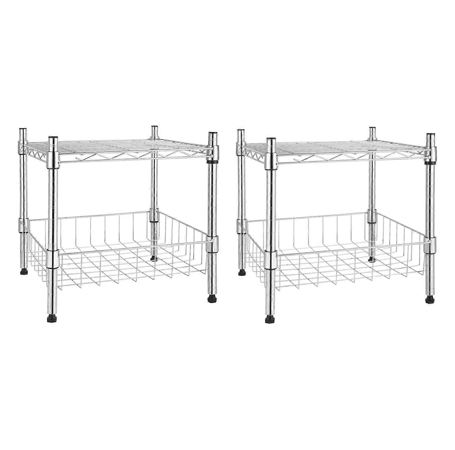 2-Tier Shelving Unit, 15" W x 13.8" D x 15" H Wire Metal Stackable Storage with Basket, Chrome, 2 Pack