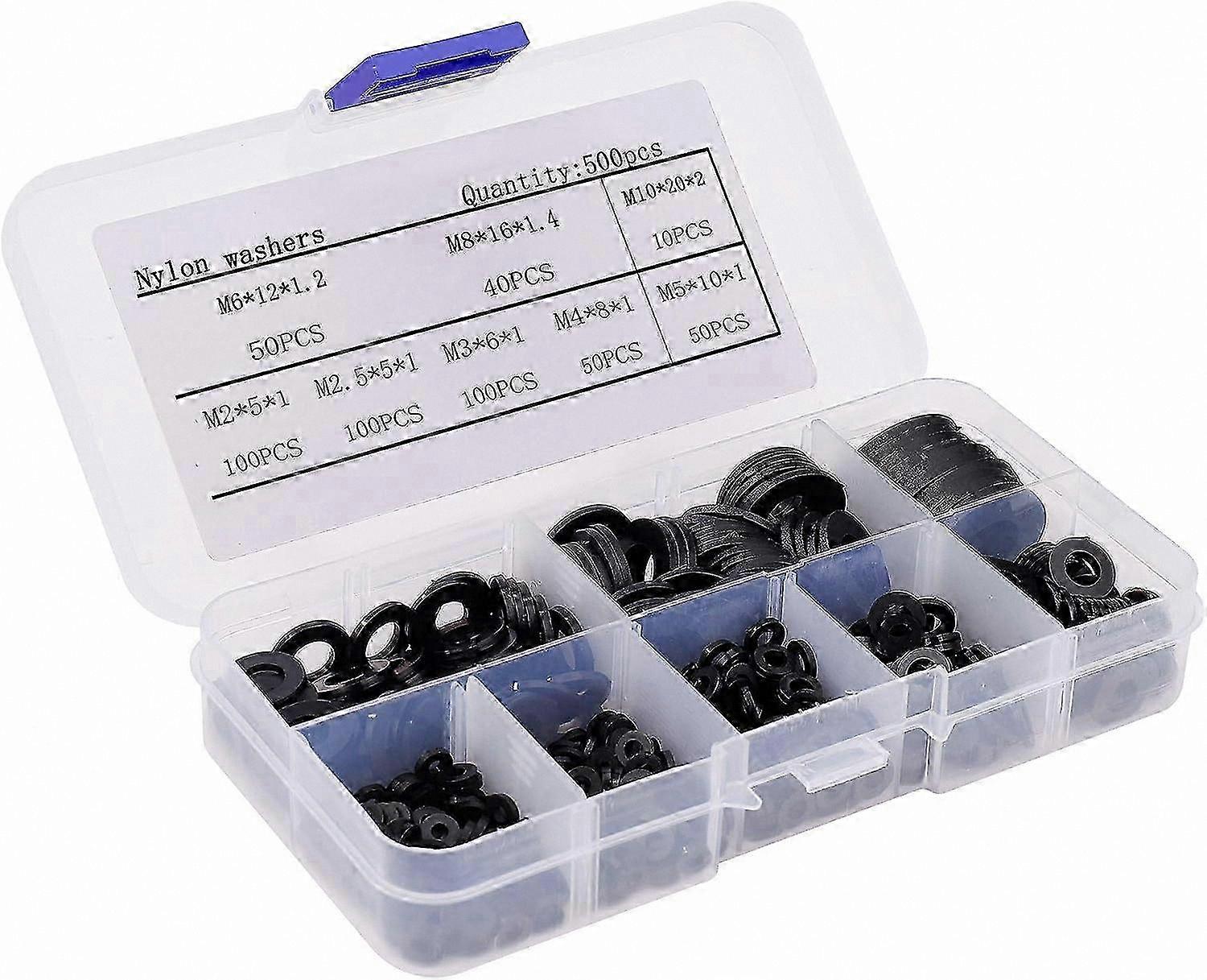 Black Plastic Washers Assortment, Nylon Washers Kit 500 Pieces M2-M10 Size