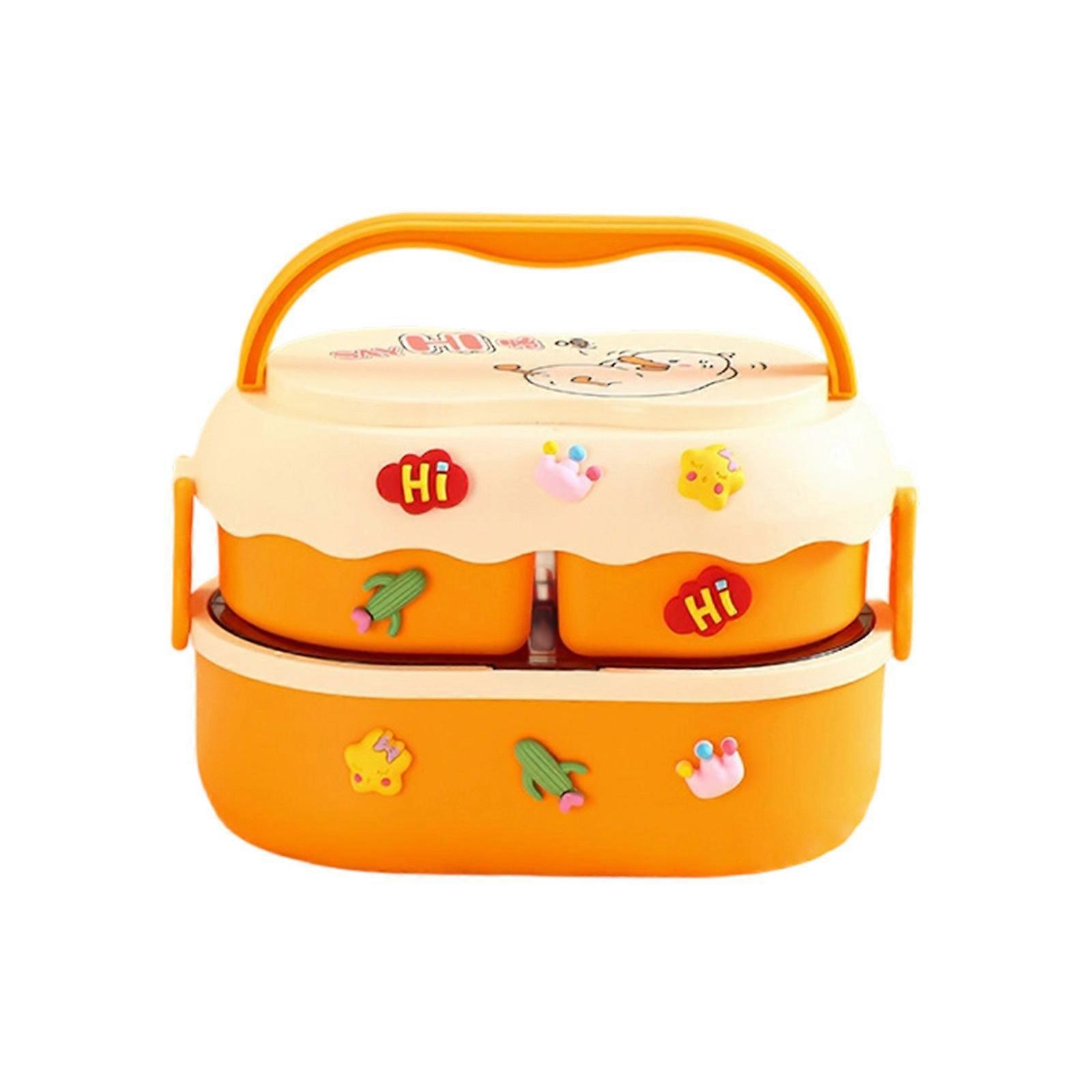 Double Layer Insulated Lunch Box 1600ml Leakproof Microwave Safe Bentos Container With Duals Compartments For Kids  Yellow