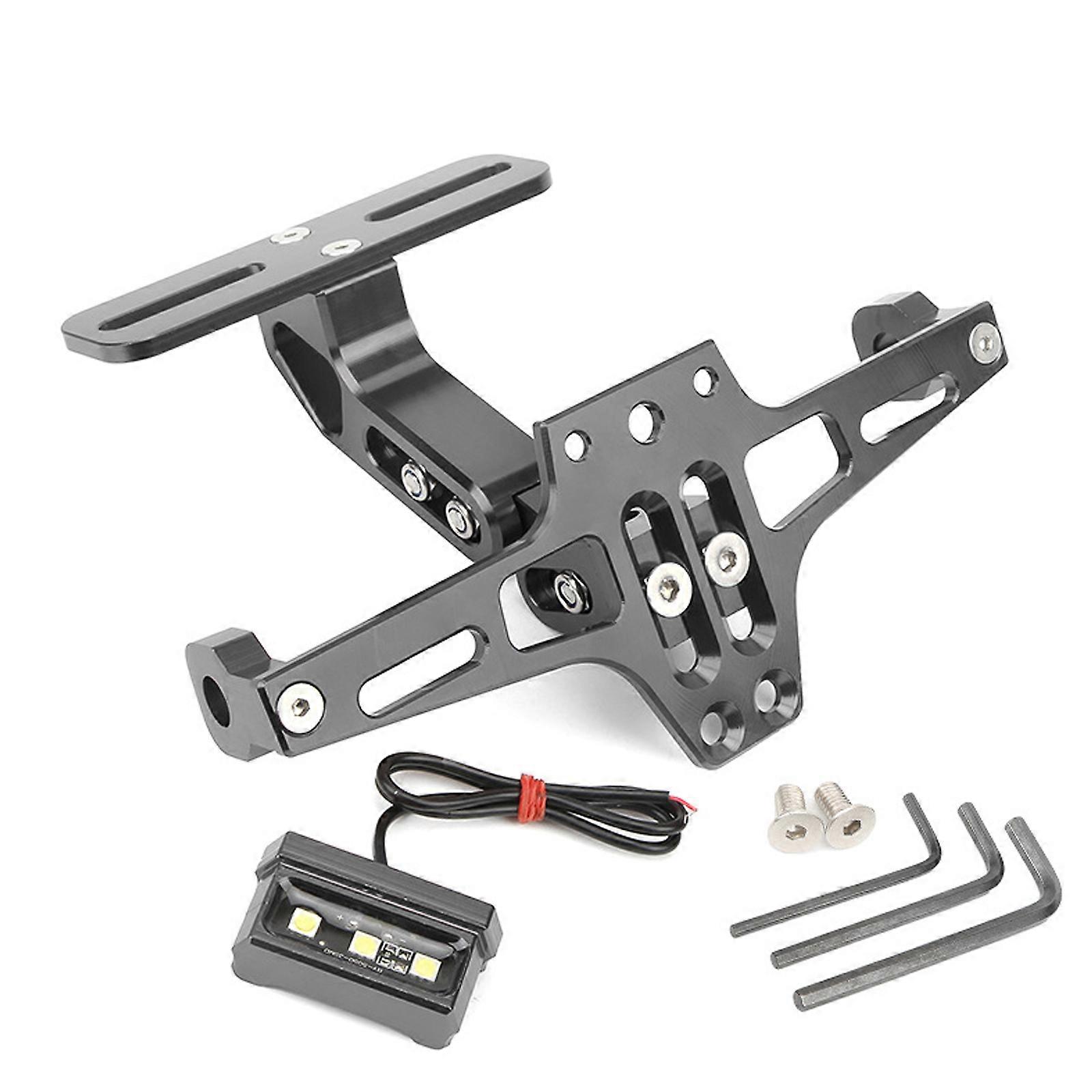 Motorcycle License Plate Frame Featuring Adjustable Positioning Built In LED Illumination Rustproof Aluminum Material  titaniumColor