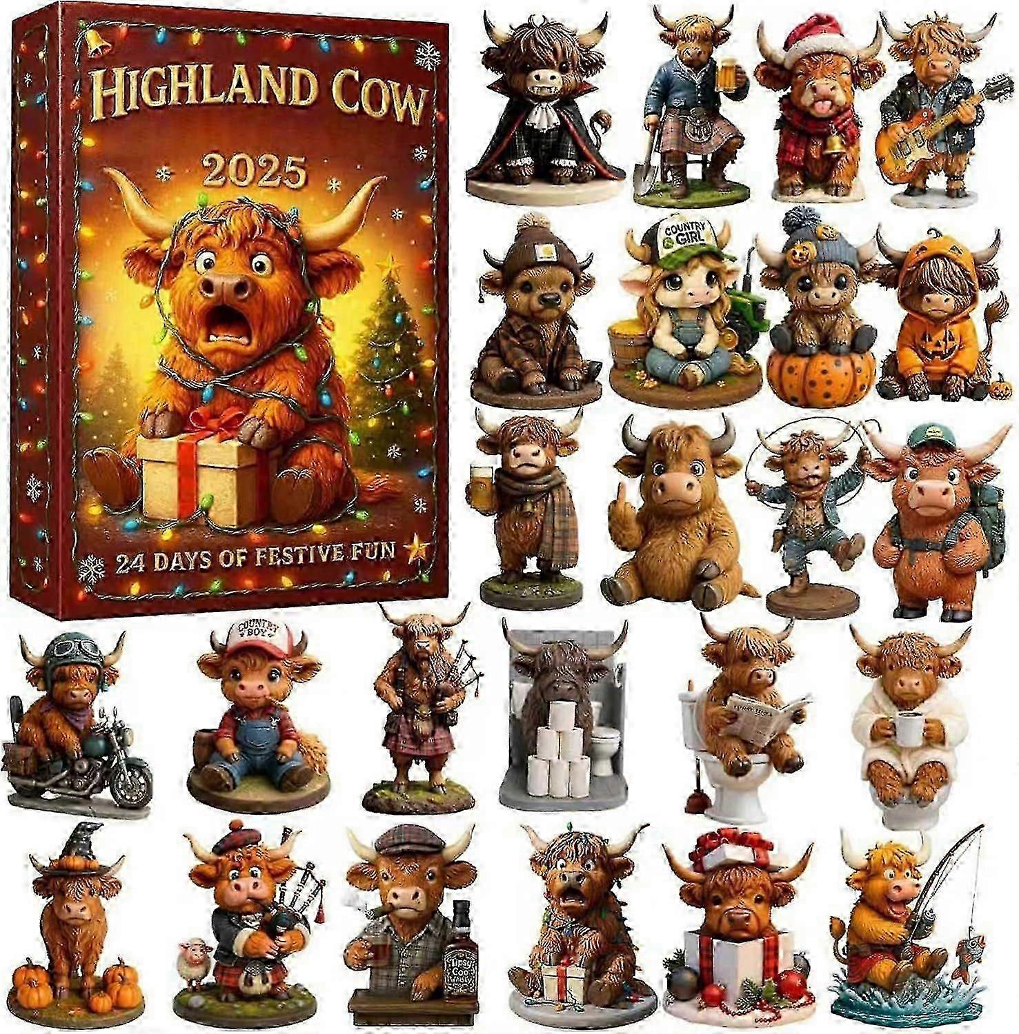 2025 Highland Cow Advent Countdown Calendar, 24-day Christmas Countdown Calendar, Comes With 24 Different 3D Miniature Highland Cow Decorations, Cute