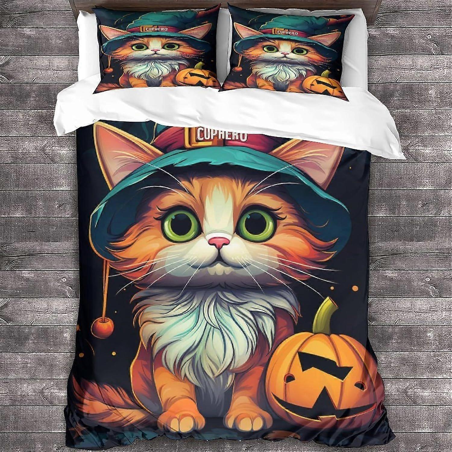 LikeEj Cat 3D هالوين غطاء لحاف وأكياس وسائد ، مجموعة مفروشات مبطن مطبوعة بالحيوان لغرفة النوم - غطاء سرير كامل مضاد للحساسية فائق التنفس S