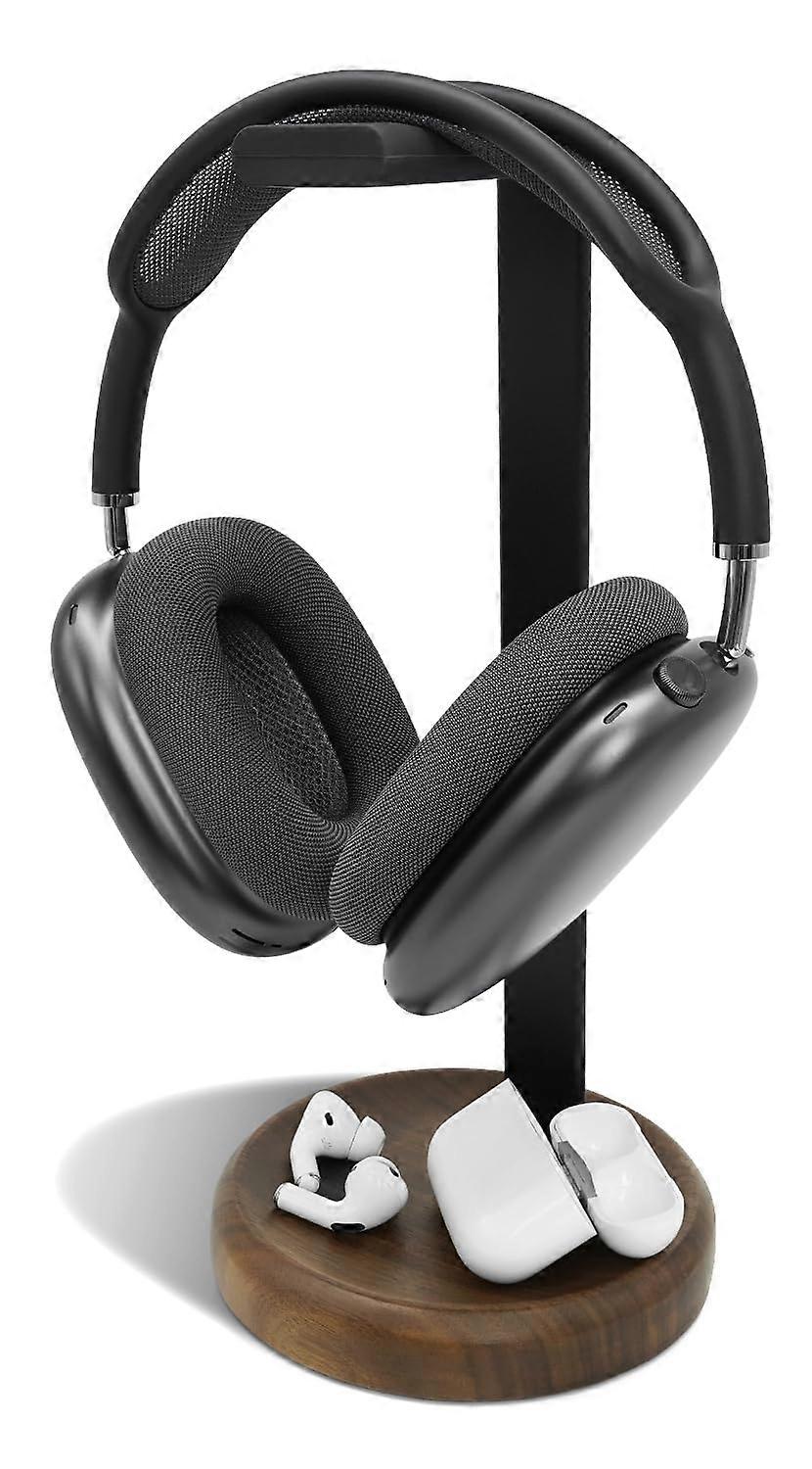 Wooden Headphone Stand for Desk with Walnut Finish, NonSlip Base, for AirPods Max and More