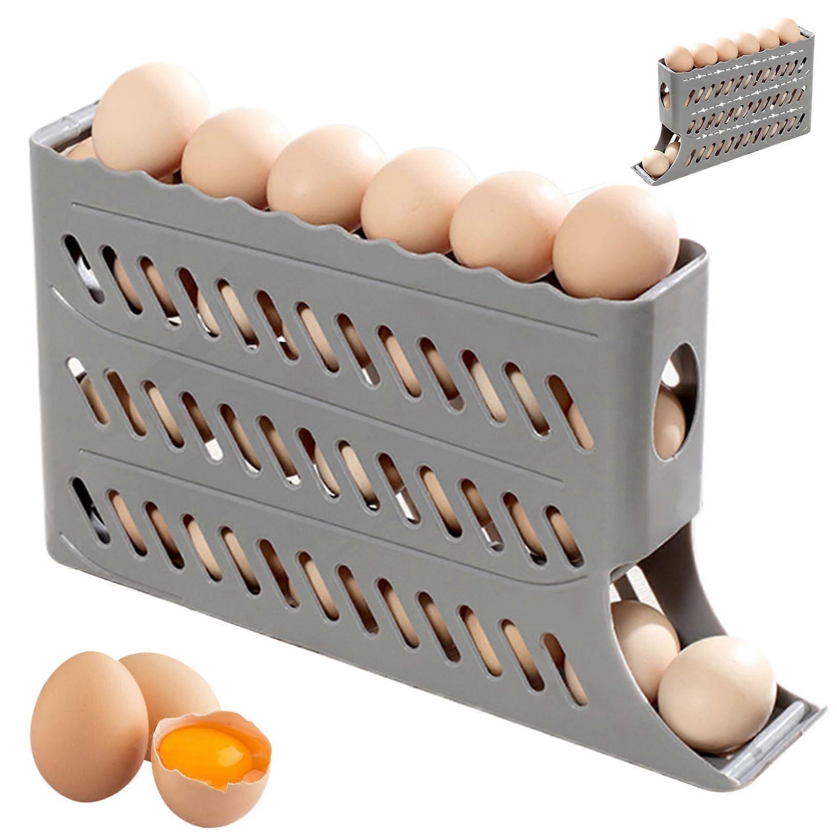 4Tier Rolling Egg Holder Dispenser for Refrigerator, Holds 30 Eggs, SpaceSaving Clear Design, Grey