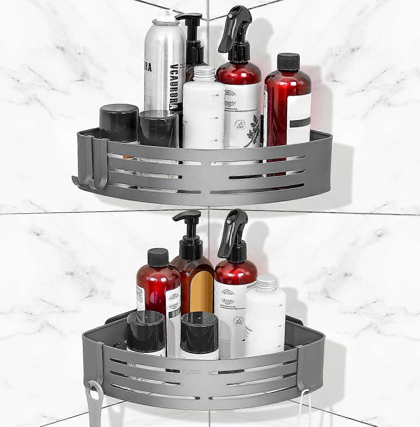 Corner Shower Caddy 2 Pack Rustproof Aluminum No Drill Bathroom Shelf with Hooks and Drainage