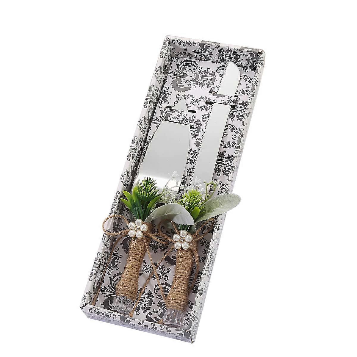 Rustic Wedding Cake Knife and Server Set with Artificial Leaf Handle, Stainless Steel Blades