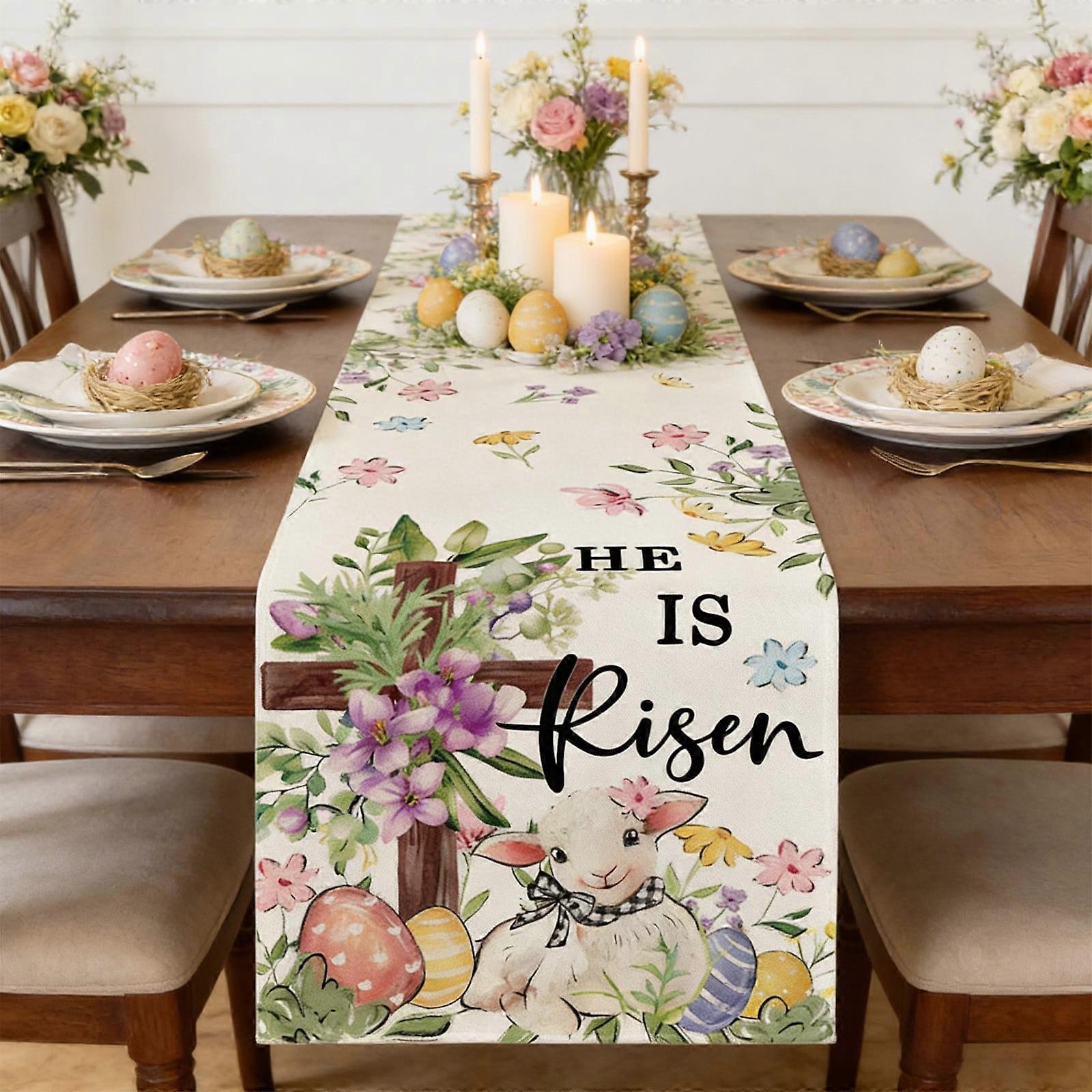 1 Pcs Easter Table Runner Easter Bunny Eggs Table Runner Check Decor for Kitchen Dining Table Home Party Decorations(33*120cm)