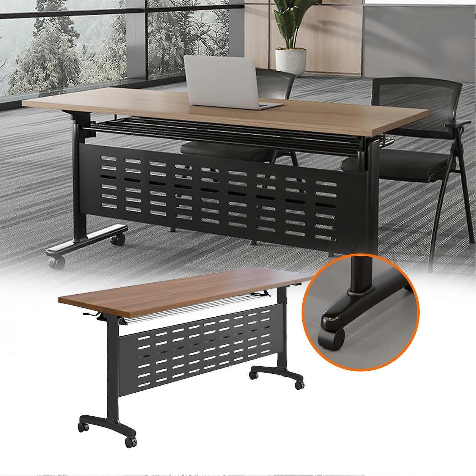 Folding Conference Table Solid Wood Training Desk with Wheels SpaceSaving Design Dark Walnut 63/47in