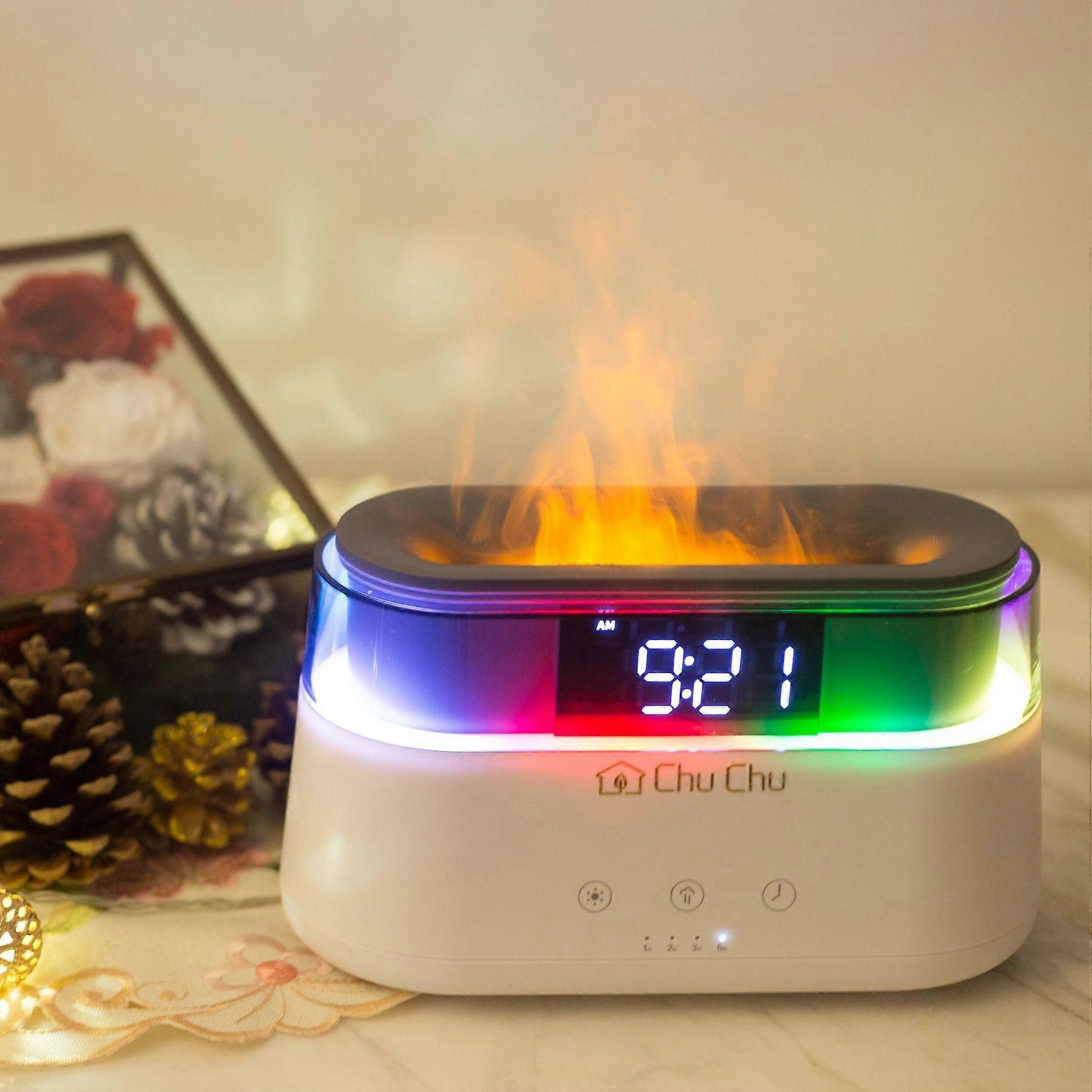 Fire Effect Aroma Diffuser with Digital Clock, 22 Light Modes, Alarm Settings, White Simulated Flame