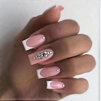 French Tip Press On Nails with Rhinestones Square Short White Fake Nails for Women Wedding 24pcs