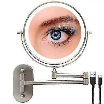 Espejo de tocador LED recargable de doble cara con aumento 1X/10X, montado en la pared, con 3 colores de luz, giro de 360 ​​grados y extensible.