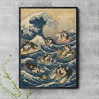 Quebra-cabeça "Malamutes do Alasca em Kanagawa" - Edição Adorável da Arte Clássica SQZ141
