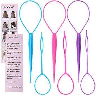 Schembo Topsy Tail Hair Tool Set - 6pcs Loop Styling Tool, Ponytail Pull Through, Two Sizes, 3 Colors (Pink/Purple/Blue) for Women, Girls & Kids