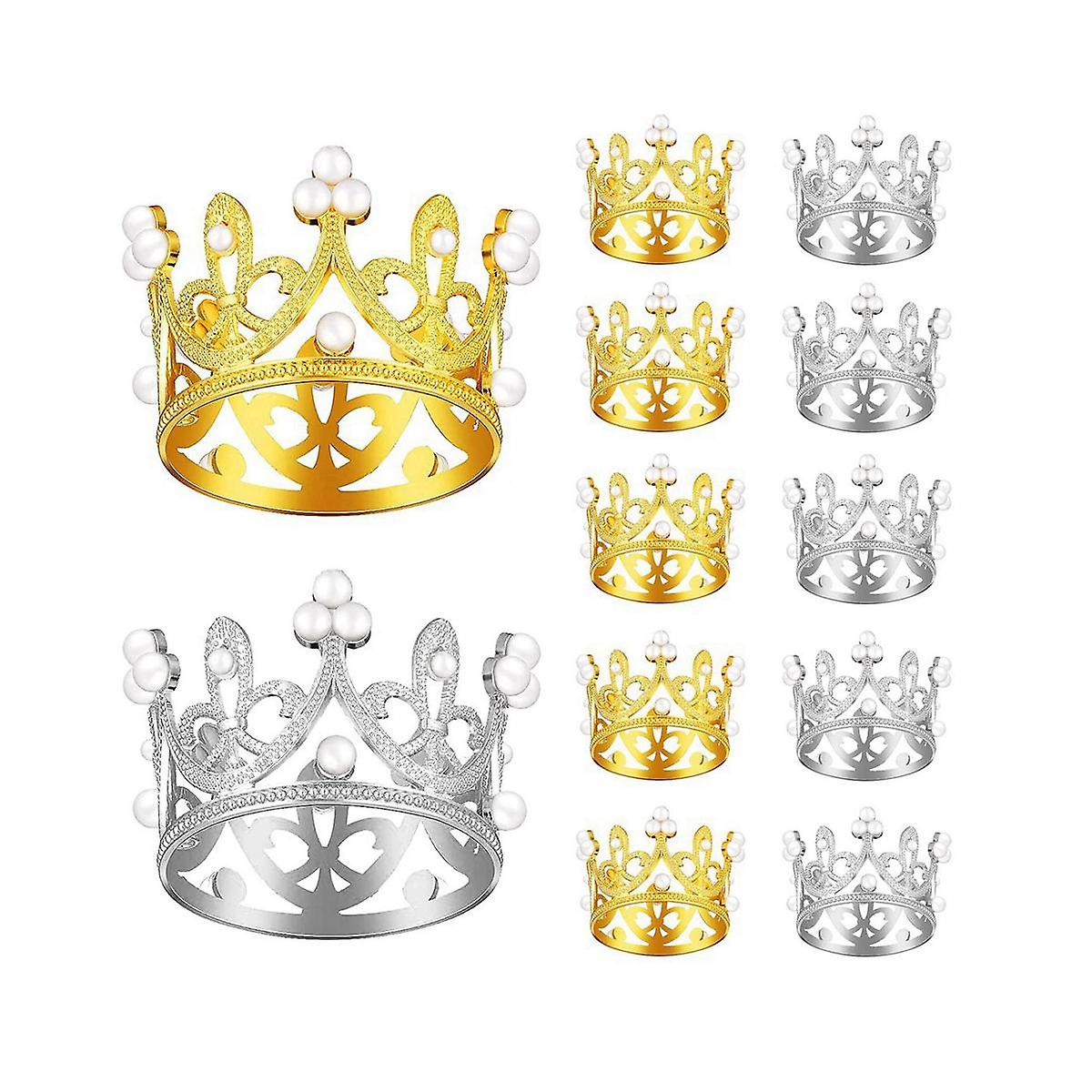 12 PCS Gold Silver Mini Crown Birthday Cake Topper with Pearl Decor Small Princess Headpiece Baby C