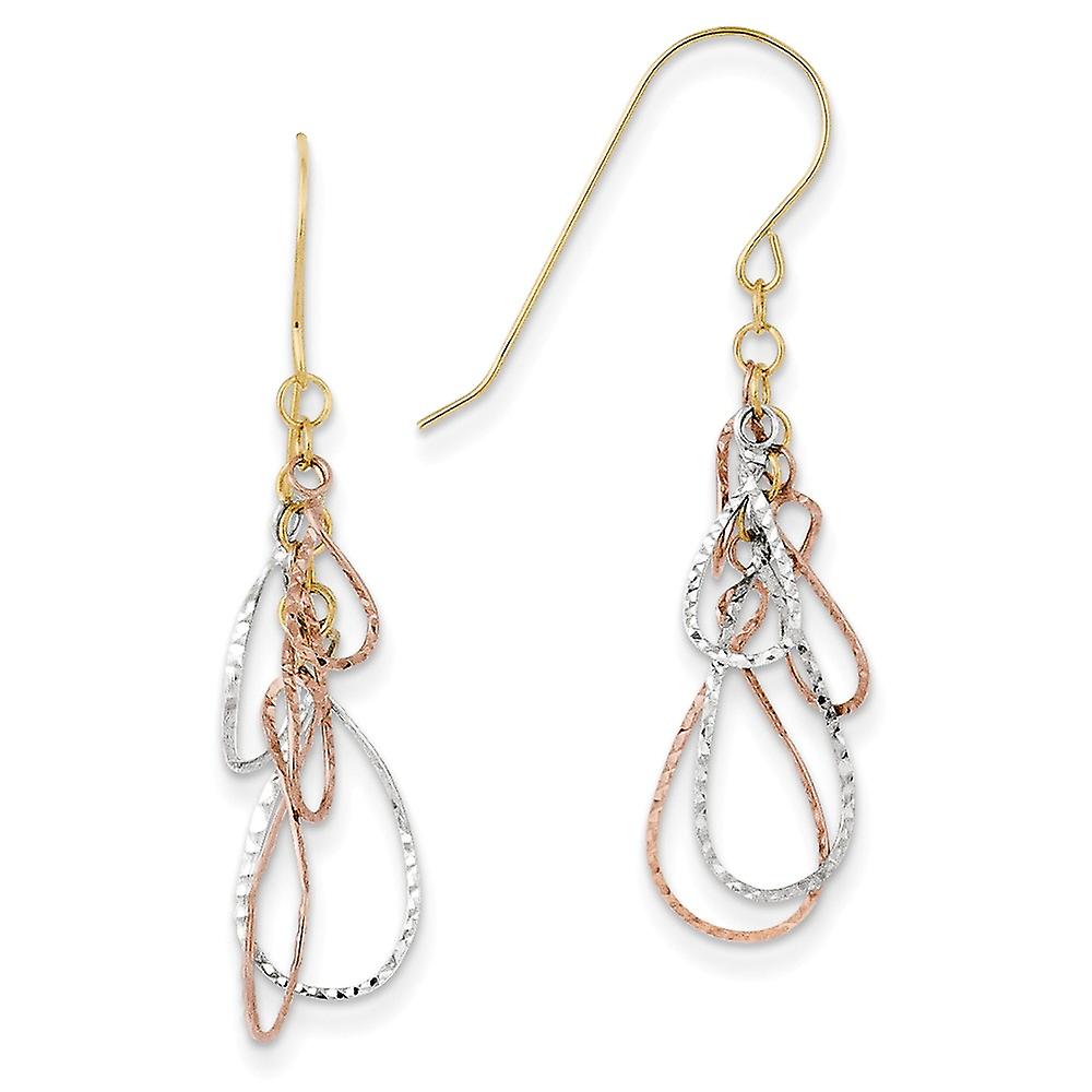 14k Tri Color Polished Shepherd hook Gold Sparkle Cut Tear Drop Dangle Earrings 44x10mm Wide-Dangle Earring for Women