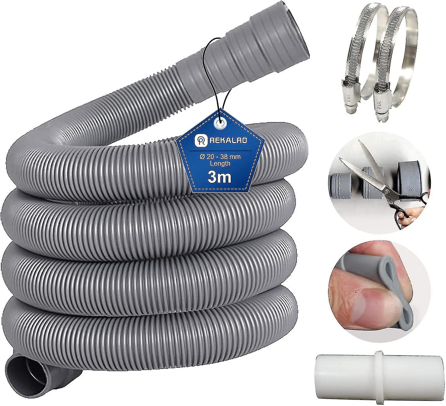 צינור מכונת כביסה 3m צינור ניקוז מים מלוכלכים עם חיבור צינור ניקוז ו -2 מלחציים הארכת צינור ניקוז 20 מ"מ למדיח כלים מכונת כביסה