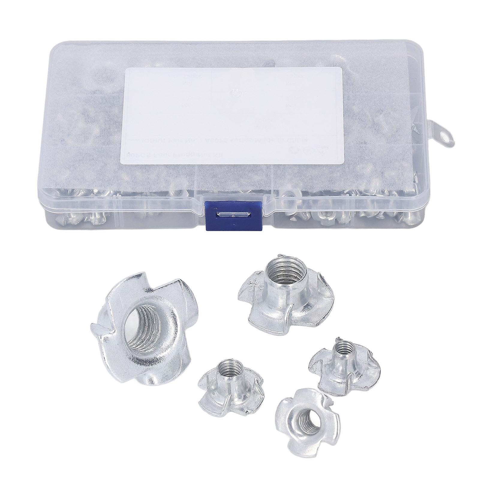 Risegun Carbon SteelT Nut Carbon Steel T Nut Set, 80 Pcs 5 Specifications White Zinc Plating, Resistance, High Hardness, 4 Pronged Tee Nuts