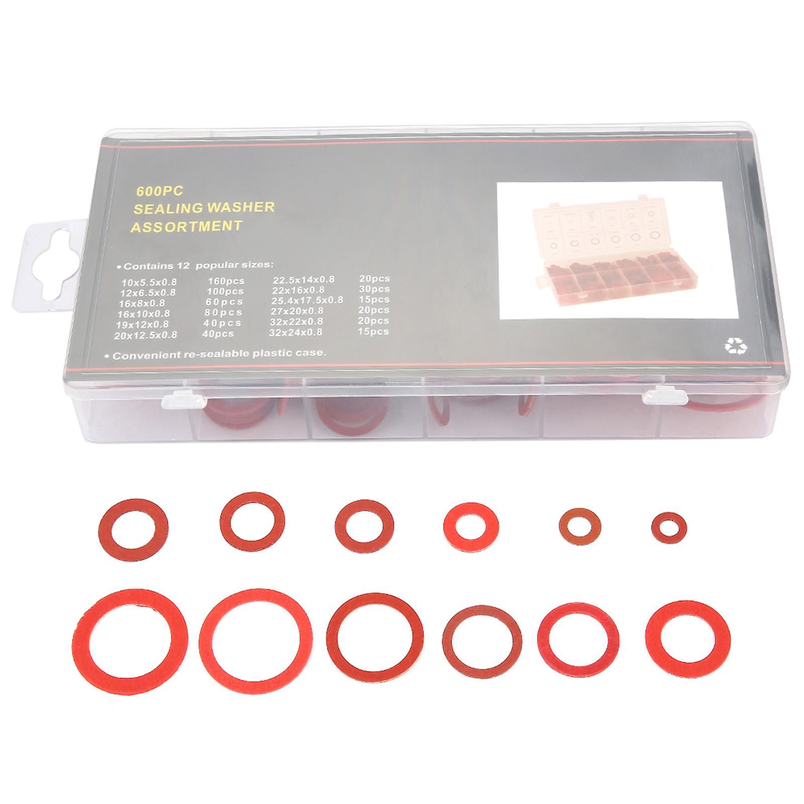 Risegun Paper Washer Assorted 600Pcs Red Steel Paper Fiber Flat Washers Kit, 12 Sizes Insulation Washers Assorted Set with Box for Various