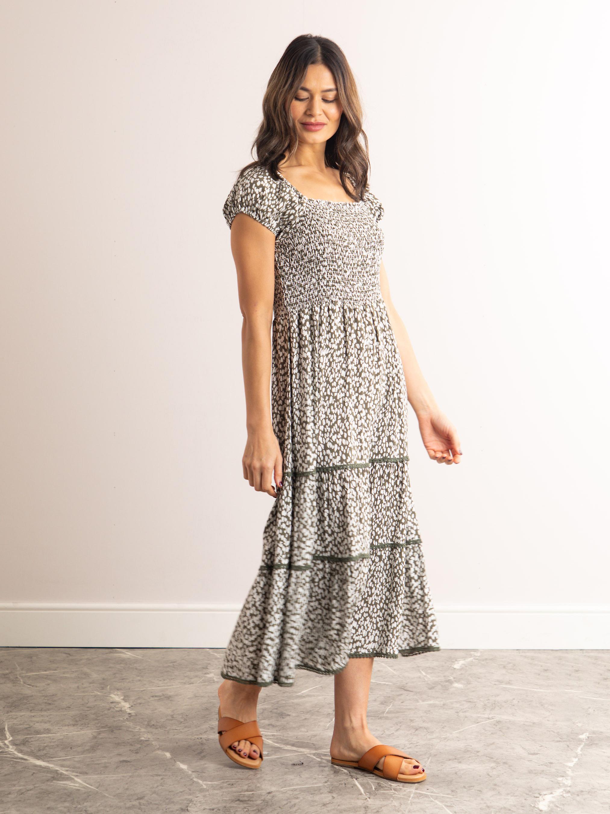 Ava Abstract Print Dress in Khaki