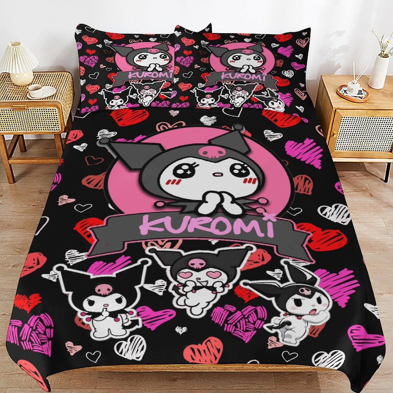Kuromi Poszwa na kołdrę Zestawy pościeli z mikrofibry Drukowane w 3D lekkie 3-częściowe zestawy kołder, 1 poszewka na kołdrę i 2 poduszki dla dzieci Chłopcy Dziewczęta