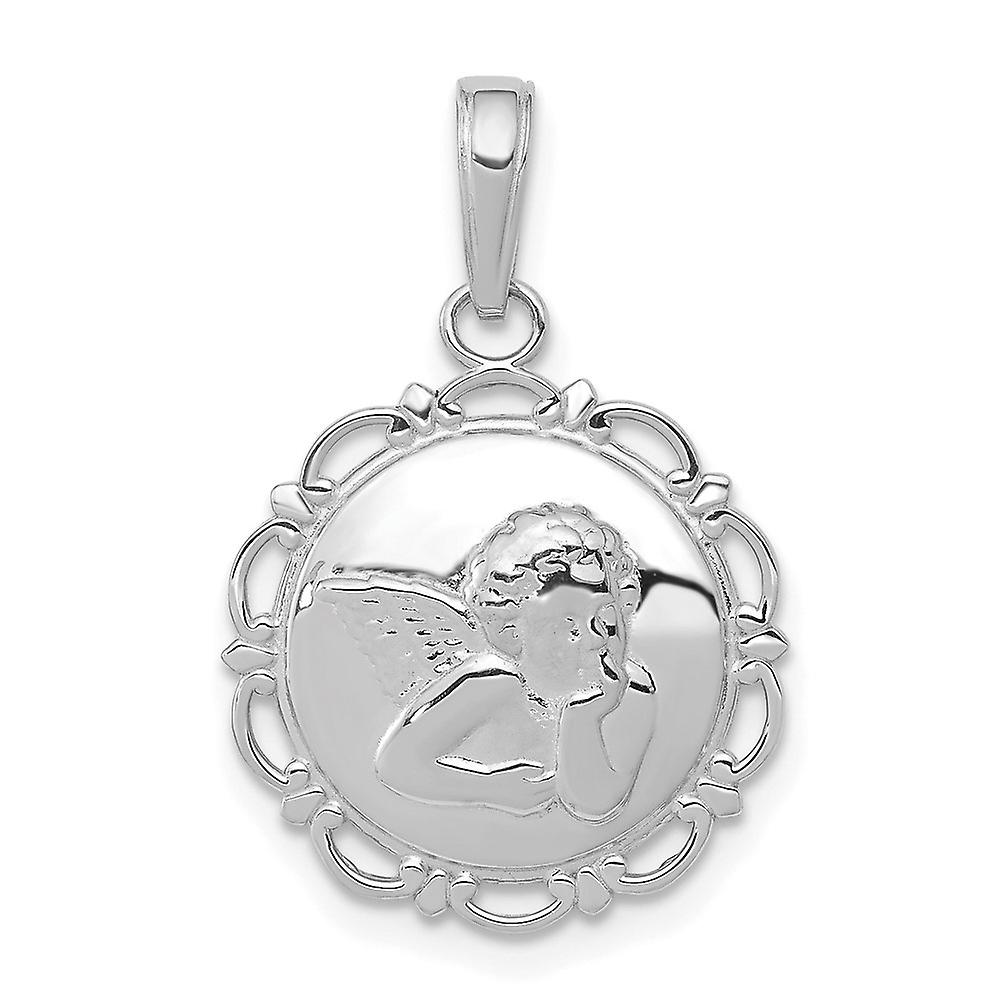 14Kホワイトゴールドポリッシュ宗教守護天使丸ホタテ貝フレームペンダントネックレス23.75x15.95mmワイドペンダント