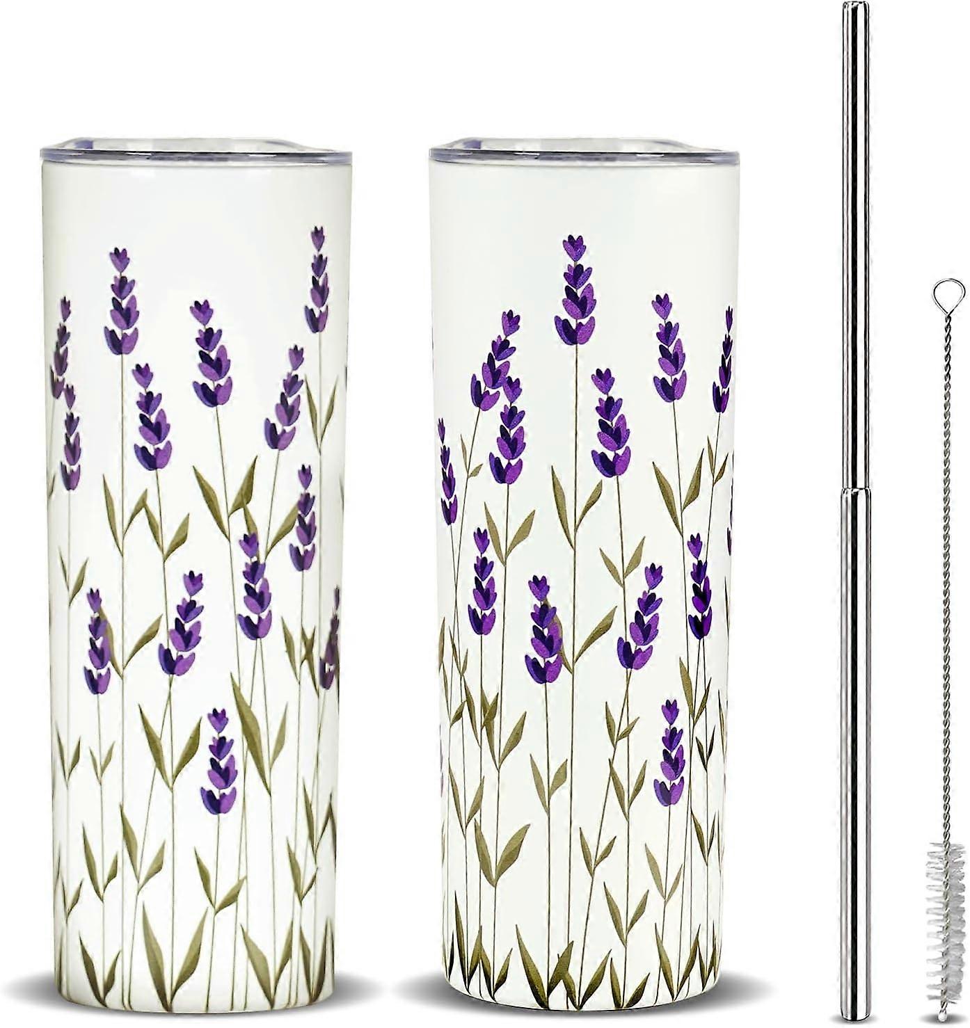 蓋とストロー付きのラベンダースリムカップ - 20オンス再利用ステンレス鋼断熱ラベンダーフラワースキニータンブラー、ラベンダートラベルマグ - アイデアルラベンダーF