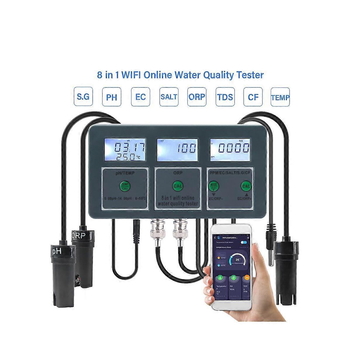 8-en-1 Outil de test de qualité de l’eau rechargeable S.G PH EC Sel ORP TDS CF Temp Multi Parameter Test f