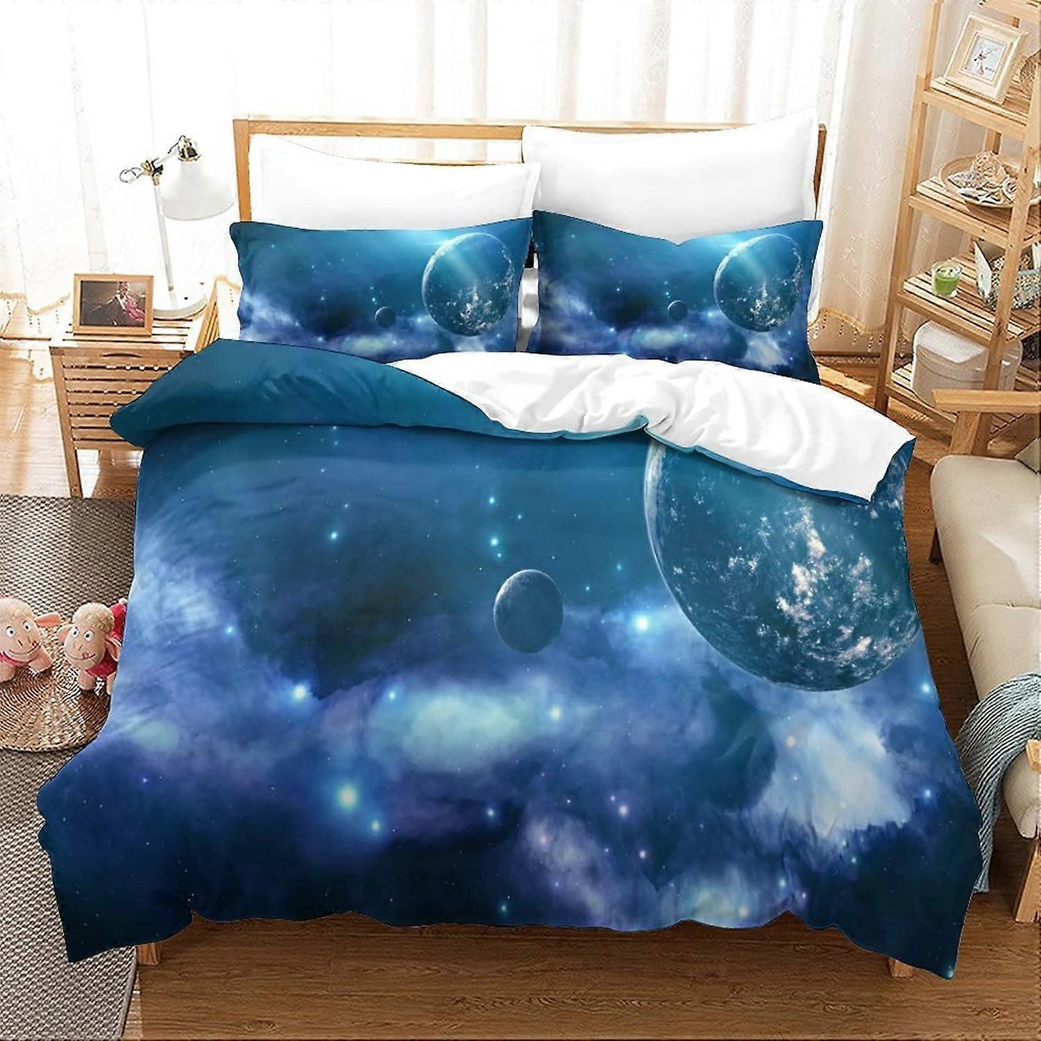 Planet Påslakan Set Tryckt Sängkläder Täcke Mjuk Microfiber Sängkläder Set med dragkedja för flickor pojkar E