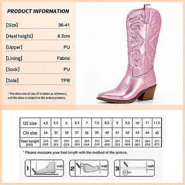 Kovboy Pembe Kovboy Kız Çizmeleri Kadınlar Için 2024Moda Zip İşlemeli Sivri Burunlu Tıknaz Topuk Orta Buzağı Batı Botları Parlak Ayakkabılar