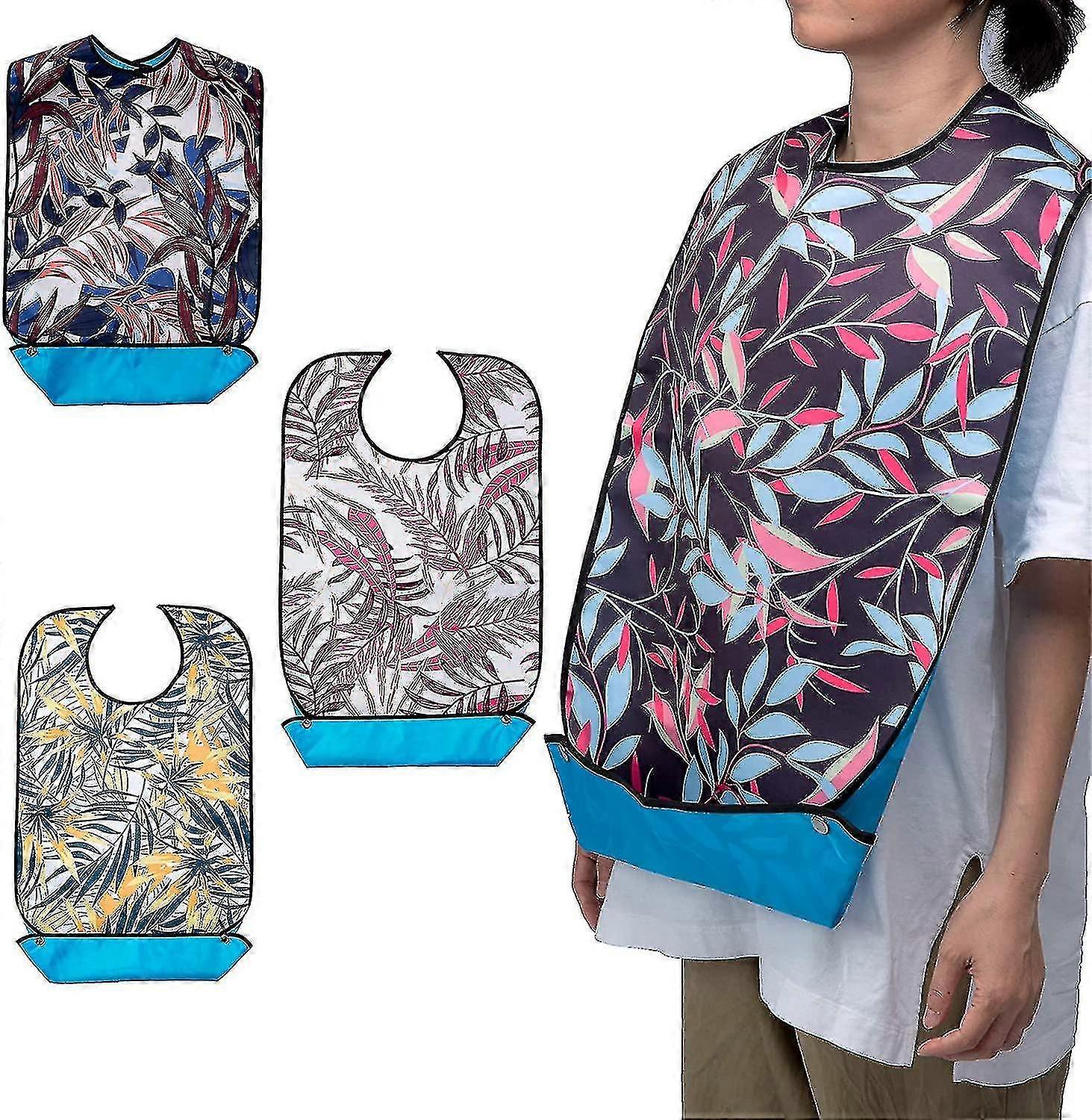 3packadult Bib For Eating,washable Reusable Waterproof,with Pocket,adjustable