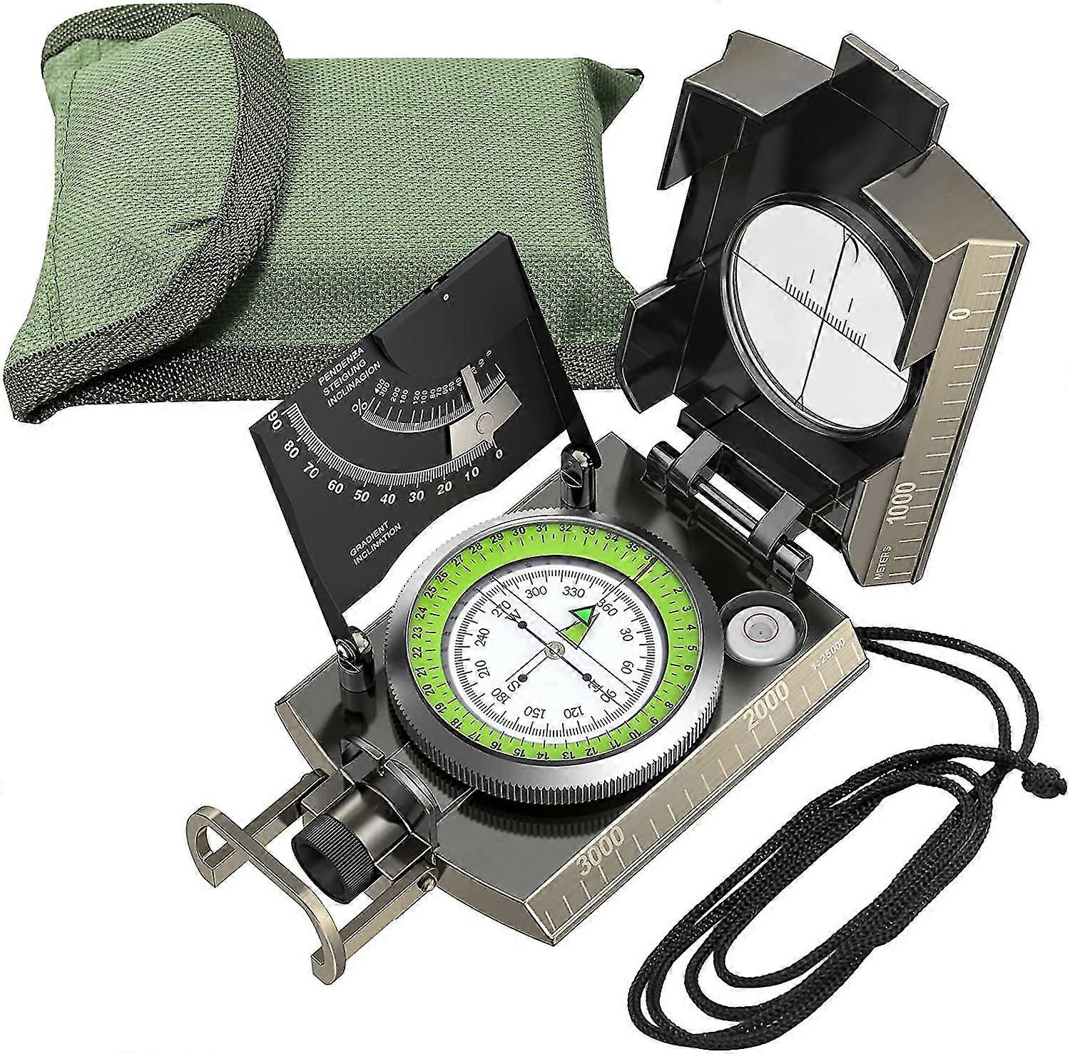 Auspicious-military Compass Multifunction Sighting Lens, Fluorescent, Waterproof And Vibration Proof, With Inclinometer And Carrying Bag For Camping