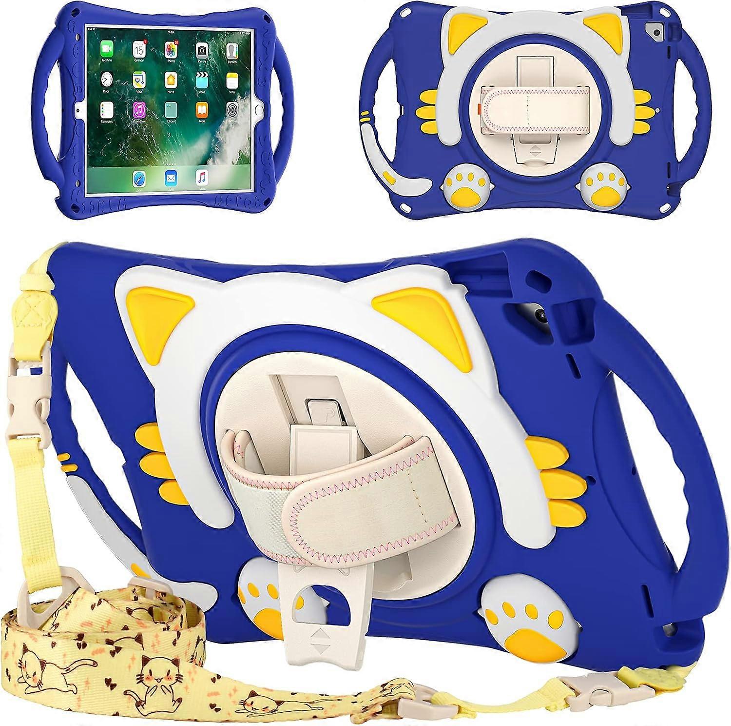 New iPad 10.2 9th 8th 7th Generation Case Protection Cute Kid-Friendly Handle Stand Shoulder Strap for Apple [Cat Shield-Dark Blue]