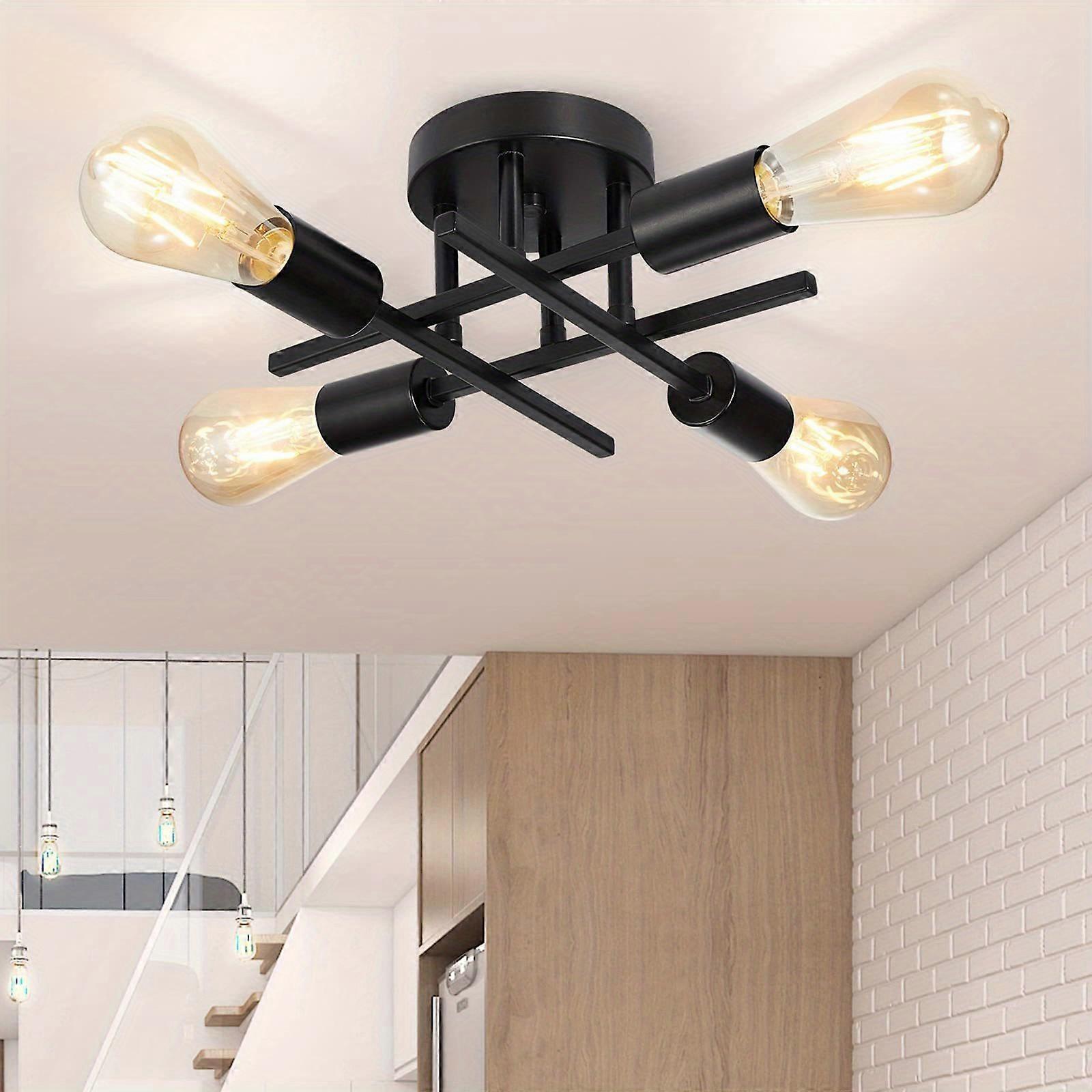 1 Set, Semi Flush Mount Ceiling Light Fixture 4-Light, Modern Farmhouse Close To Ceiling Light Black, E26 Socket Chandelier Light Fixture Ceiling For 
