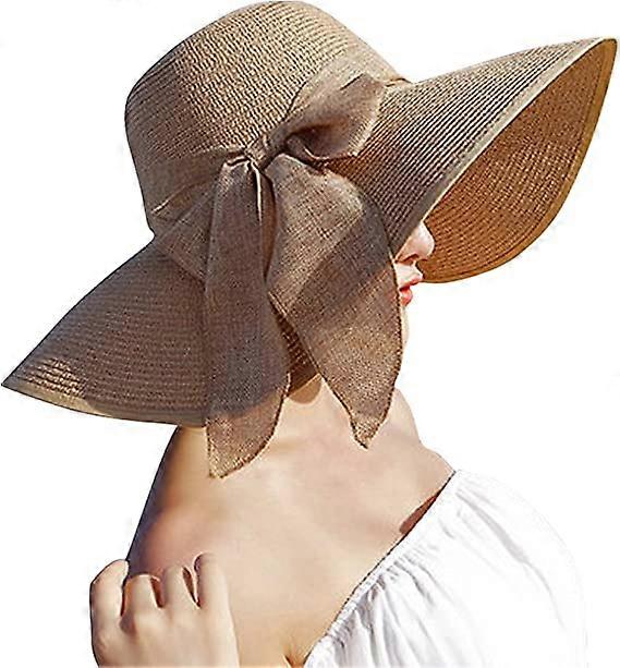 Womens Big Bowknot Straw Hat Large Floppy Foldable Roll up Beach Cap Sun Hatkhaki